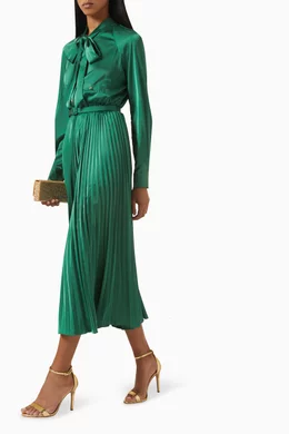 Buy Self-Portrait Green Pleated-skirt Midi Dress in Satin For Women Online  | Ounass Saudi
