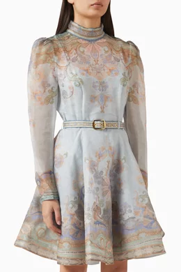 knee length dresses for ladies Belted Fit & Flare White Denim Dress