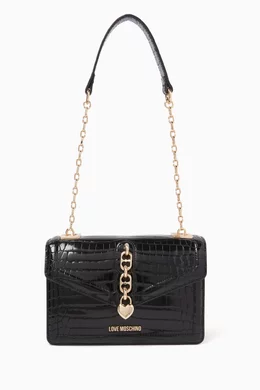 Black faux leather croc chain bag online