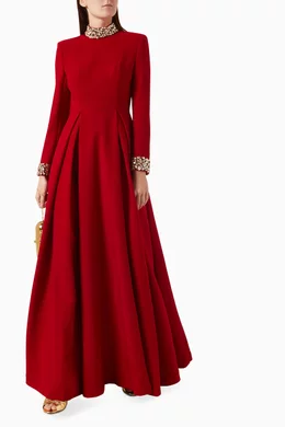 Buy IHF Red Embellished Turtleneck Gown in Lyons Velvet For Women - Main Image