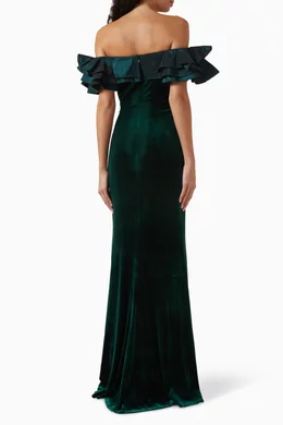 Buy Teri Jon Green Ruffled-trim Evening Gown in Stretch Velvet For Women  Online | Ounass Saudi