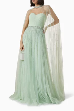 Buy Jovani Green Bead-embellished Cape Gown in Tulle For Women Online |  Ounass Saudi