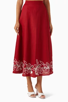 Buy KoAi Red Embroidered Top Skirt Set in Linen For Women Online Ounass Saudi
