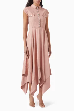 Midi Dress Pink Denim Shirt Dress Pink White Cotton Stripes Midi