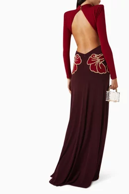 raisa vanessa red dress Red Silk Velvet Maxi Dress With Handmade Flower Detail  RAISA VANESSA INT