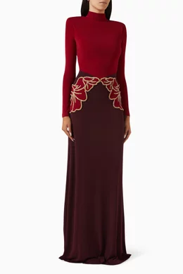raisa vanessa red dress Red Silk Velvet Maxi Dress With Handmade Flower Detail  RAISA VANESSA INT