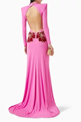 strapless open back dress Pink Maxi Dress with Gold Lining and Flower Details – RAISA VANESSA INT main image 1