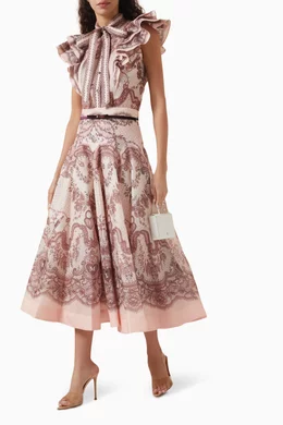 Buy Zimmermann Pink Crush Flared Midi Skirt in Linen-blend