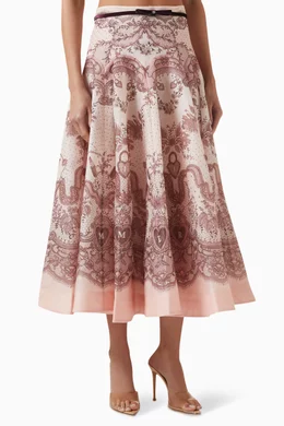 Buy Zimmermann Pink Crush Flared Midi Skirt in Linen-blend