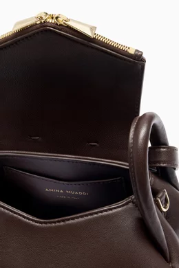 Buy Amina Muaddi Brown Small Gemini Shoulder Bag in Leather