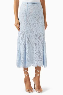Buy Self-Portrait Blue Flared Midi Skirt in Lace For Women Online