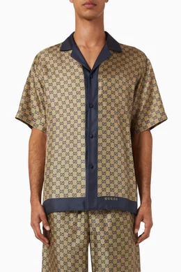 GUCCI horse bit print shirt グッチ　シャツ　y2k GG Horsebit print silk twill shirt in camel and ebony