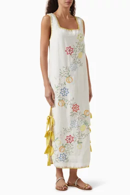 Buy ALEMAIS Neutral Olivia Embroidered Midi Dress in Linen For Women Online  | Ounass Saudi