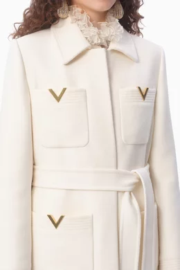 Buy Valentino Garavani White Logo Belted Coat in Virgin Wool