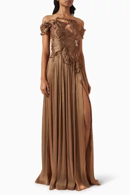 Buy Costarellos Gold Isla Petal Off-shoulder Gown in Lurex Georgette For  Women Online | Ounass Saudi
