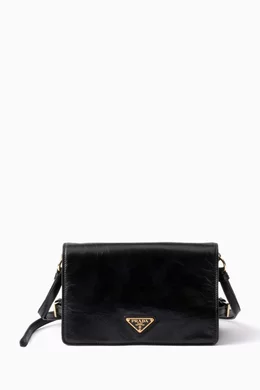 Buy Prada Black Logo Flap Shoulder Bag in Leather For Women Online 