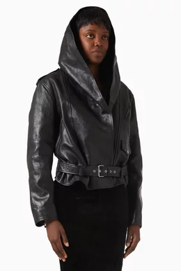 Buy Alaïa Black Hooded Biker Jacket in Leather For Women