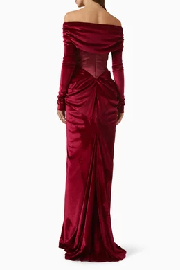 Buy Rhea Costa Red Quinn Off-shoulder Gown in Velvet For Women Online |  Ounass Saudi