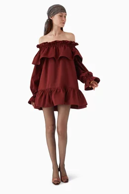 Buy SAINT LAURENT Red Ruffled Off-shoulder Mini Dress in