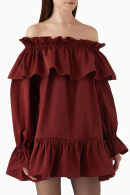 ワンピース SAINT LAURENT COTTON TWILL MINI DRESS SAINT LAURENT Off-the-shoulder ruffled cotton-twill mini