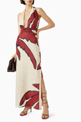chinese dress ladies Andres Otalora Ron Coco Palm Linen Maxi Dress