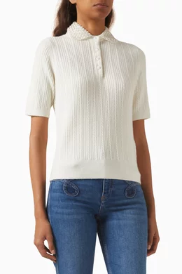 Buy Maje Neutral Embellished Polo Shirt in Wool Blend For Women