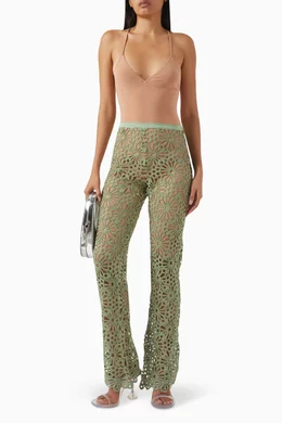 Buy Norma Kamali Green Crochet Bootleg Pants in Cotton Blend