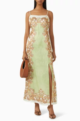 Buy Antipodean Green Torrent Slit Maxi Dress in Silk-linen Satin For Women  Online | Ounass Saudi