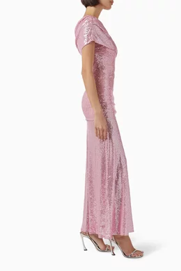 Buy Needle Thread Pink Nova Draped One-shoulder Gown in Mesh For