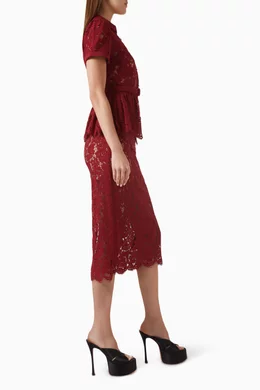 burgundy lace peplum midi dress product info and reviews Ophelia Peplum Satin Maxi Dress / Red | MESHKI main image 1