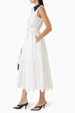 knee length dresses for ladies White Cotton Broderie Midi Dress in White main image 0