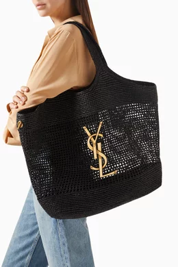 Buy SAINT LAURENT Black ICARE Maxi Tote Bag in Raffia For Women