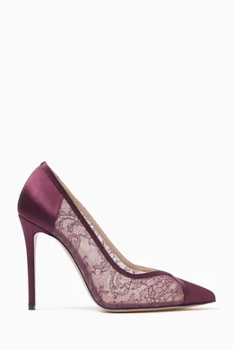 Buy Andrea Wazen Burgundy Nora 105 Pumps in Lace Satin For Women