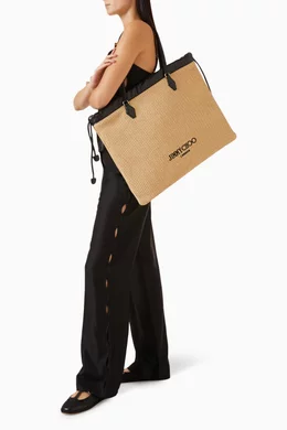 トートバッグ JIMMY CHOO Drawstring Tote Bag in Raffia & Leather Drawstring Tote L |Natural Soft Raffia Tote with Smooth Calf