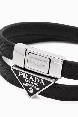 Buy Prada Black Double Logo Bracelet in Leather For Men