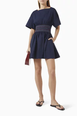 staud amy mini dress Staud Amy Denim-Paneled Cotton Poplin Mini Dress In Navy - 60% Off