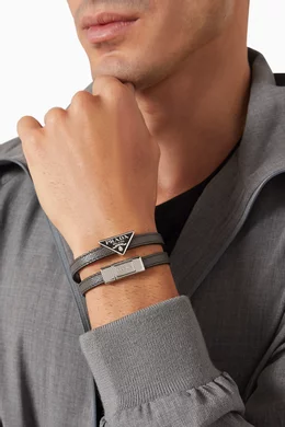 Buy Prada Grey Double Logo Bracelet in Leather For Men Online