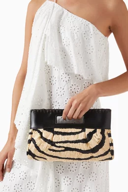 Buy Staud Black Lena Clutch Bag in Zebra-print Raffia & Leather