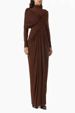 deme by gabriella dress brown KENNY BROWN DRAPED FULL SLEEVES NET DRAPED GOWN | CULT MIA main image 0