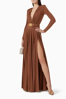 elisabetta franchi pleated long dress Buy Elisabetta Franchi Gold Pleated High-neck Maxi Dress in Lurex For Women  Online