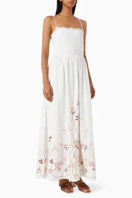flowy linen midi dress Sleeveless Linen Midi Dress With Fitted Bodice And Flowy Skirt – Laura Ren main image 1