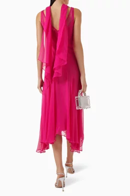 knee length dresses for ladies MISTICA MIDI DRESS IN HOT PINK SILK CHIFFON  DE LA VALI OFFICIAL