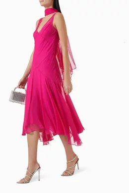 de la vali mistica silk midi dress MISTICA MIDI DRESS IN HOT PINK SILK CHIFFON  DE LA VALI OFFICIAL