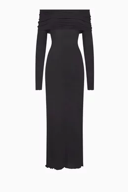 skims sheer modal dress SKIMS Sheer Modal Off Shoulder Long Dress in Black
