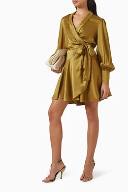green lace bardot dress Zimmermann Silk Wrap Mini Dress Khaki Olive Green Suede Silk main image 0