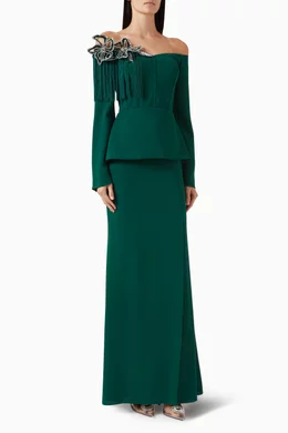 Buy Tarik Ediz Green Zaira Embellished Off-shoulder Dress in Crepe For  Women Online | Ounass Saudi