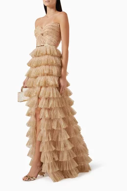 Buy Tarik Ediz Gold Alexandra Tiered Gown in Glitter Tulle For Women Online  | Ounass Saudi