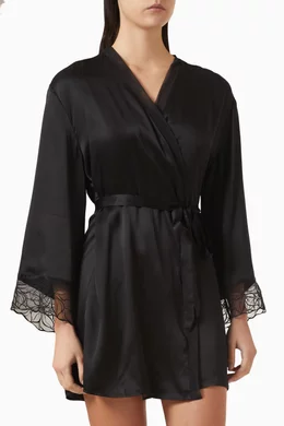 Buy Calvin Klein Black Floral-lace Robe in Satin Silk For Women