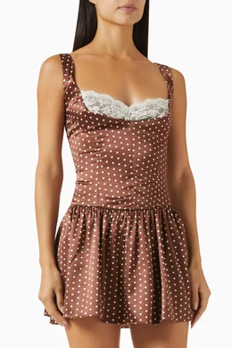 frankies bikinis brown polka dot dress Frankies Bikinis Ethereal Satin Maxi Dress in Chocolate Dot