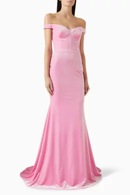 strapless open back dress OFF-SHOULDER VELVET PETAL NECKLINE A LINE MAXI DRESS IN RED | CULT MIA main image 1